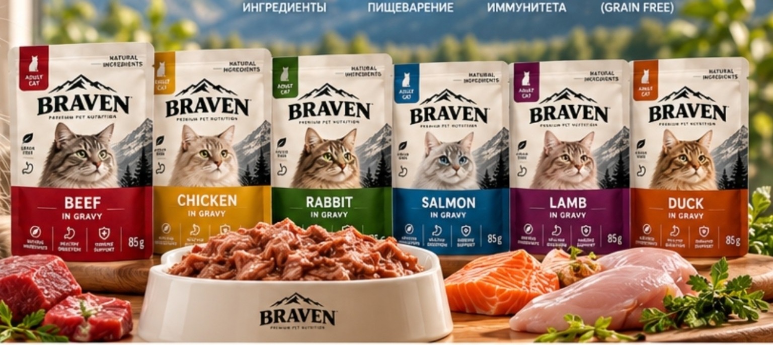 Шесть вкусов BRAVEN: говядина, курица, кролик, лосось, ягнёнок, утка